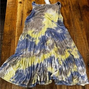 Yanak Yana K Blue and Yellow Tie-Dye Button-Up midi mini dress A line flare NWT
